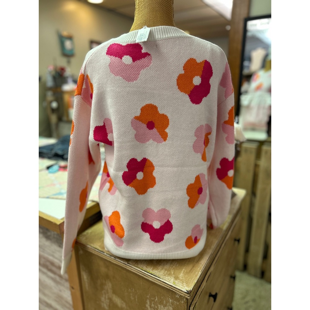 Unbranded Retro Floral Knit Crewneck Sweater Pink Orange White Flower Size S - Picture 4 of 4